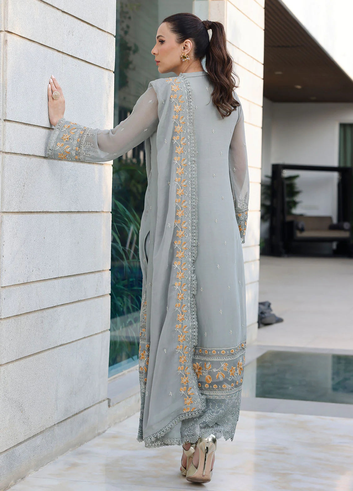 Merakish By Shahzeb Textiles Unstitched 3 Piece Embroidered Chiffon Suit - Spanish Gray - Vol-12 - Luxury Chiffon Collection 2024 Brand Mafia by Zonash