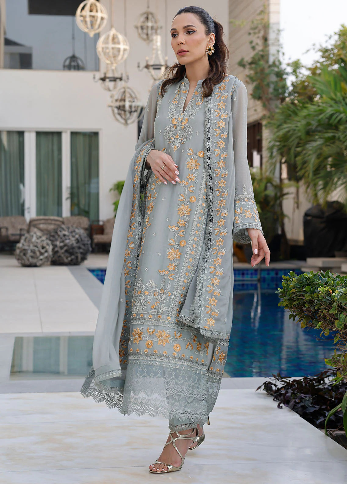 Merakish By Shahzeb Textiles Unstitched 3 Piece Embroidered Chiffon Suit - Spanish Gray - Vol-12 - Luxury Chiffon Collection 2024 Brand Mafia by Zonash