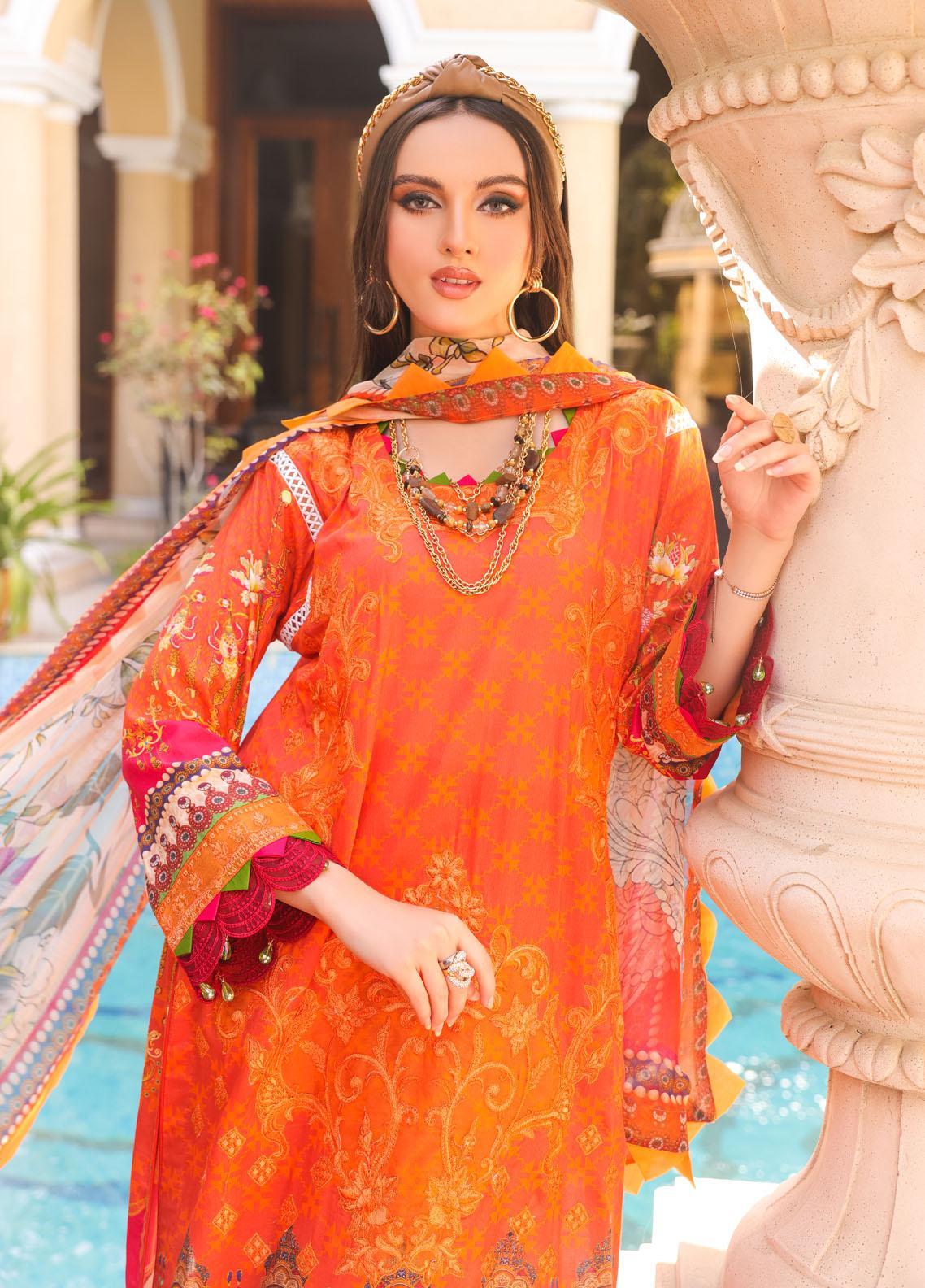 Naushad Imdad Stitched 3 Piece Embroidered Lawn Suit - Orange Tiger NI-LL-005 - Luxury Lawn Collection Brand Mafia by Zonash