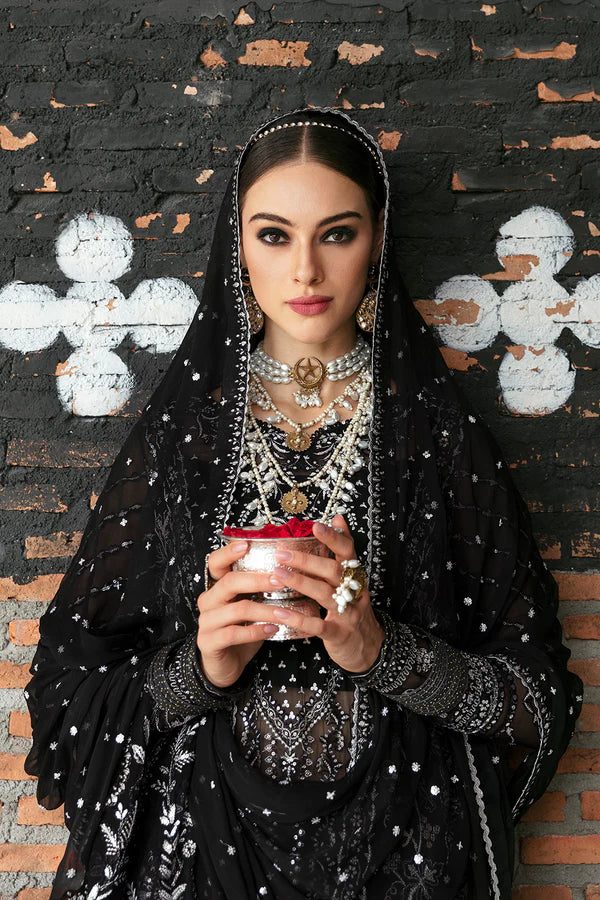 Panache By Ayzel By Afrozeh Unstitched 3 Piece Embroidered Chiffon Suit PCAAF23 AZ-V5-01 Mystic Noir - Luxury Collection Brand Mafia by Zonash