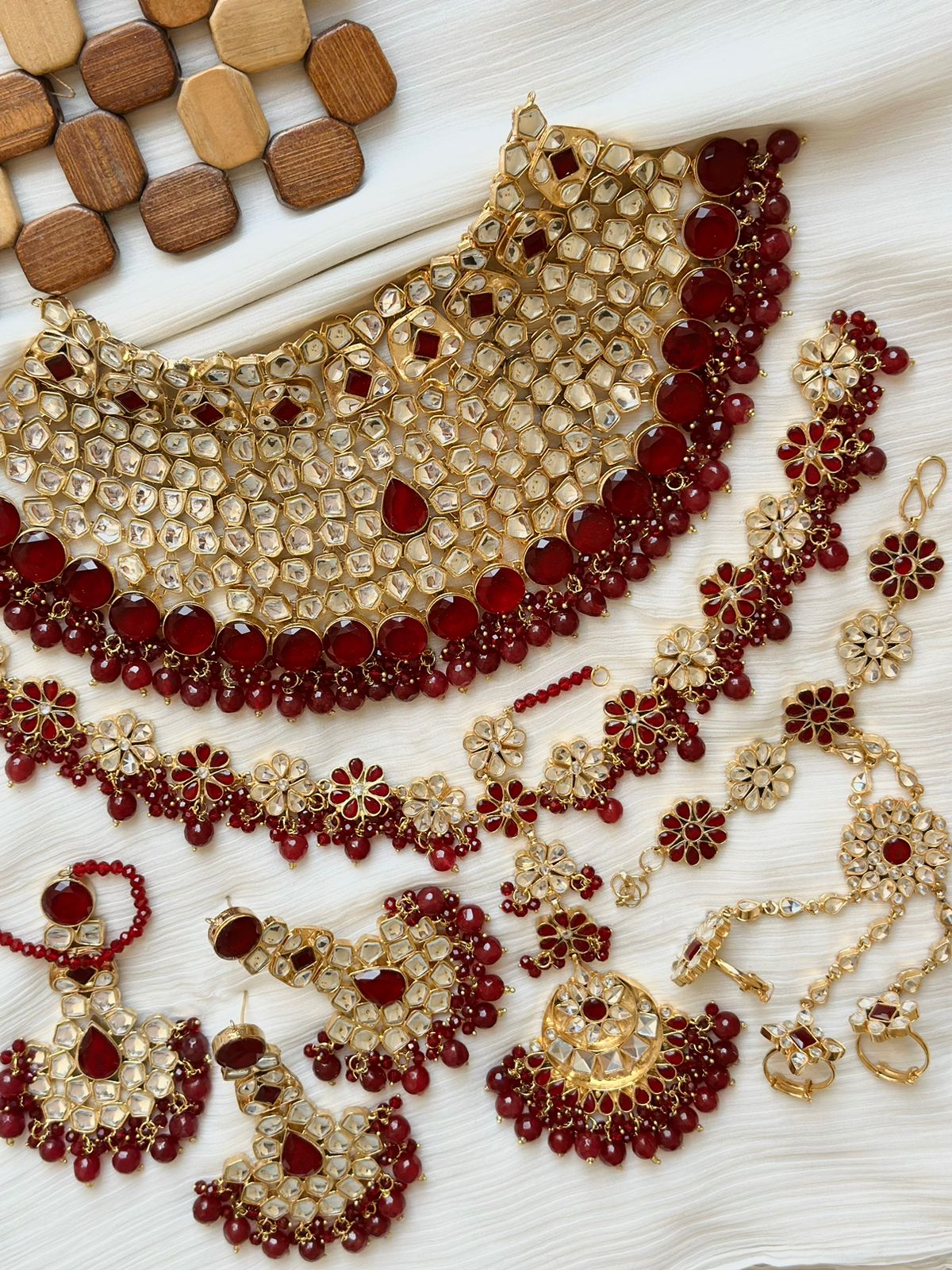 Red - Gold Plated Hand Made Farshi Kundan Bridal Sets With Long Mathapati & Ring Bracelet B-S13 Brand Mafia by Zonash