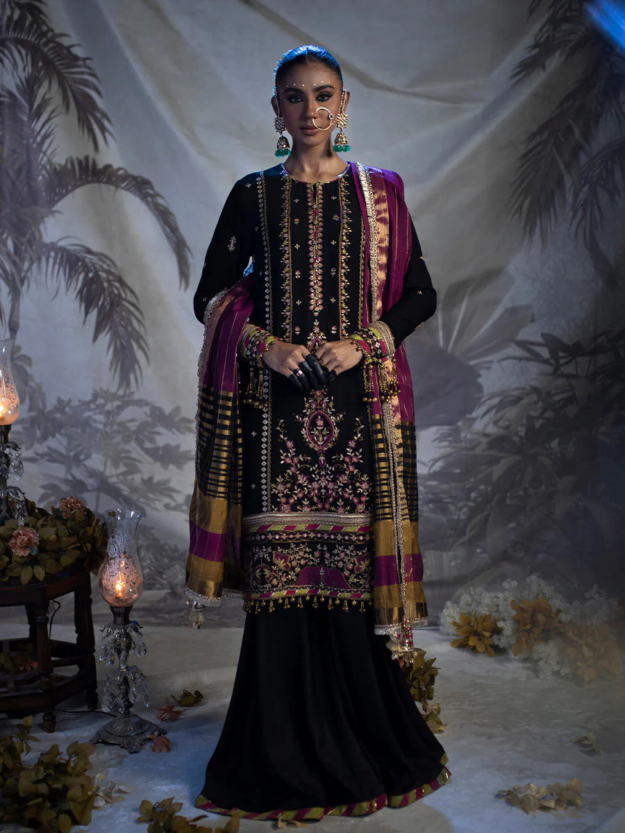 Salitex by Nora Unstitched 3 Piece Embroidered Chiffon Suit - Black - Luxury  Collection