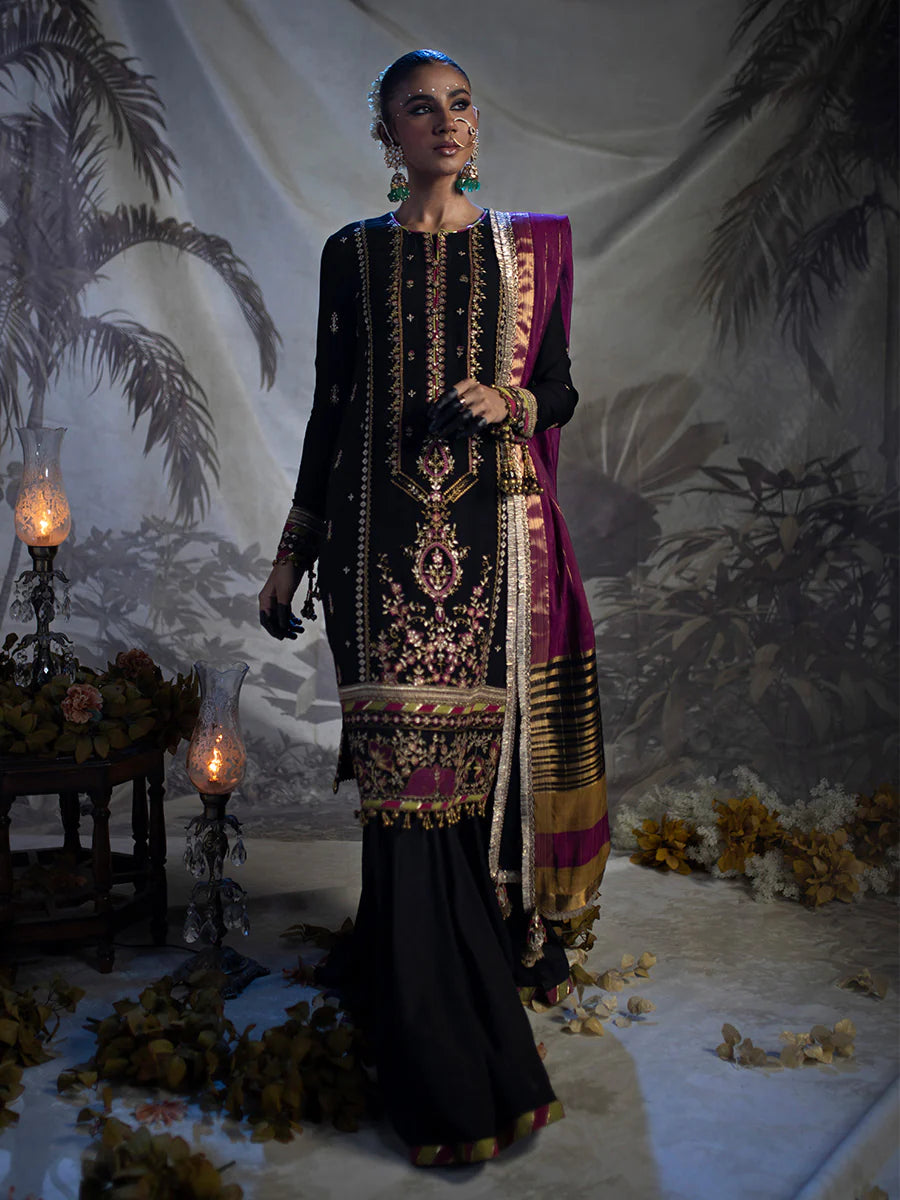 Salitex by Nora Unstitched 3 Piece Embroidered Chiffon Suit - Black - Luxury  Collection