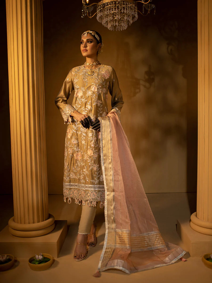 Salitex by Nora Unstitched 3 Piece Embroidered Suit - FAWN - Luxury Collection