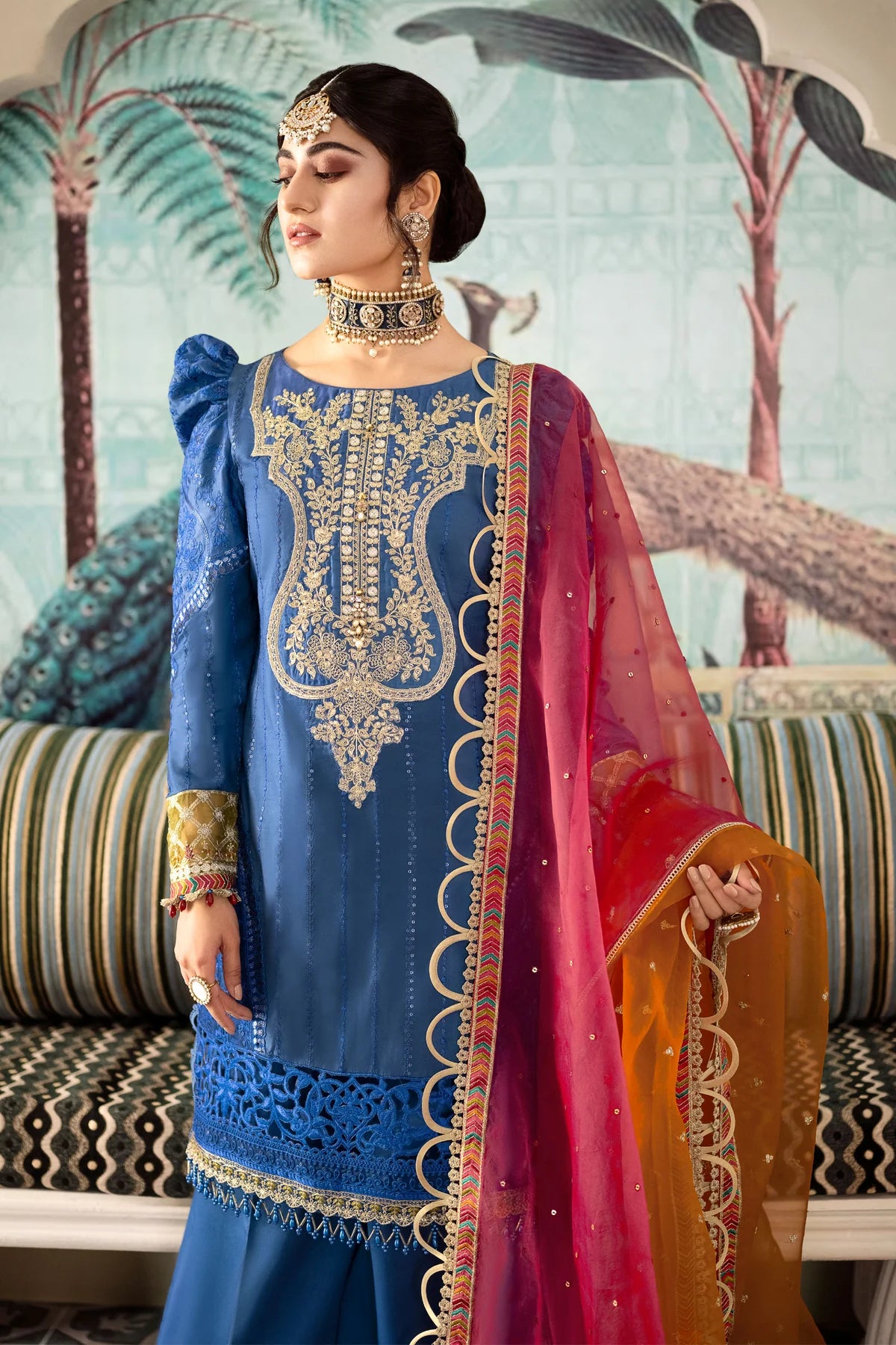 Sateen By Maria B Unstitched 3 Piece Embroidered Cotton Satin Suit MB23S D8 - Cobalt Blue - Luxury Collection Brand Mafia by Zonash