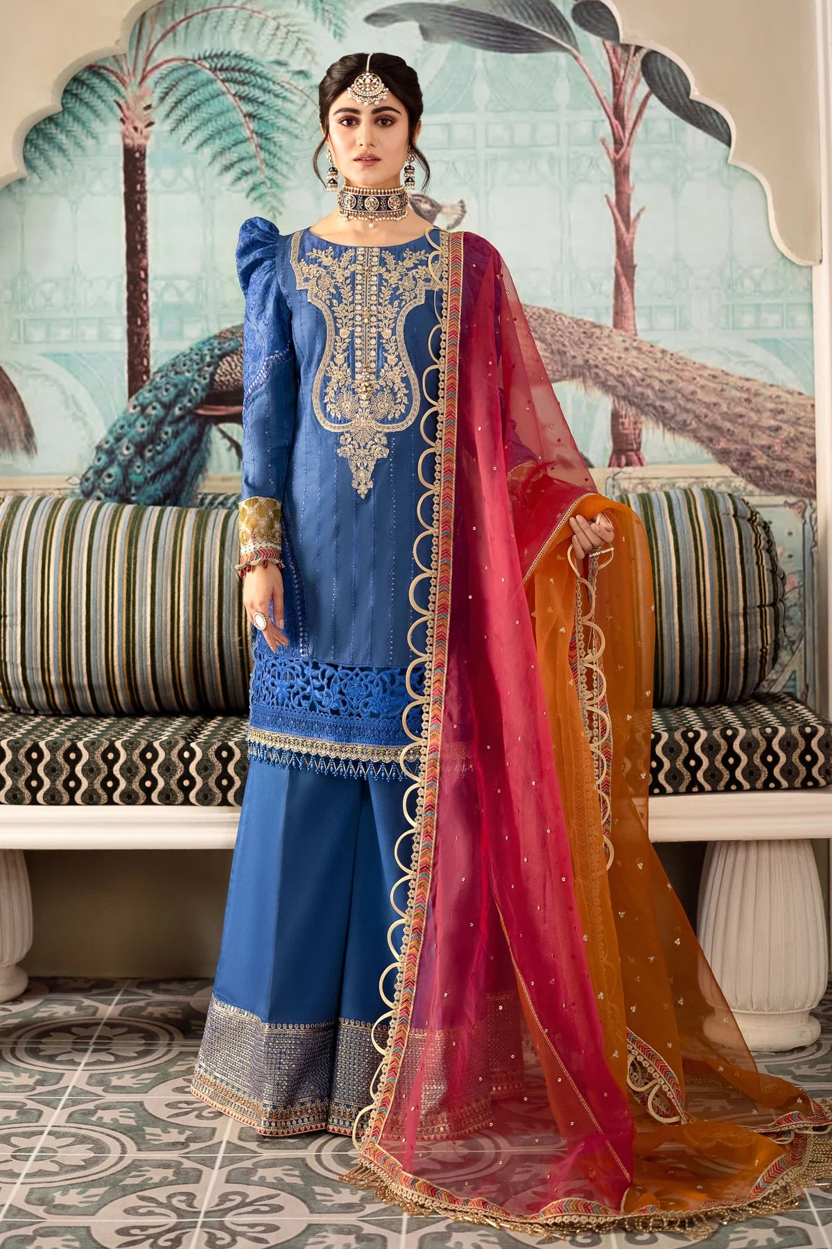 Sateen By Maria B Unstitched 3 Piece Embroidered Cotton Satin Suit MB23S D8 - Cobalt Blue - Luxury Collection Brand Mafia by Zonash