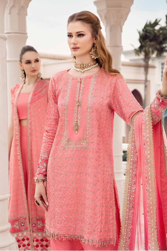 Sateen By Maria B Unstitched 3 Piece Embroidered Cotton Suit MB23ST D-01 Candy Pink - Luxury Collection Brand Mafia by Zonash