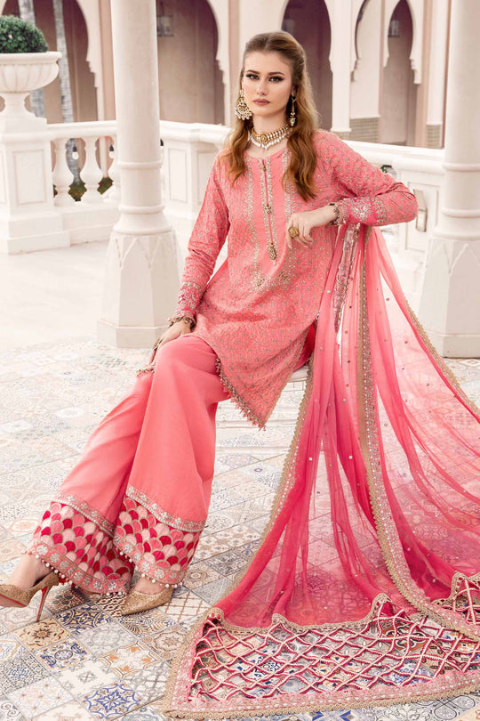 Sateen By Maria B Unstitched 3 Piece Embroidered Cotton Suit MB23ST D-01 Candy Pink - Luxury Collection Brand Mafia by Zonash