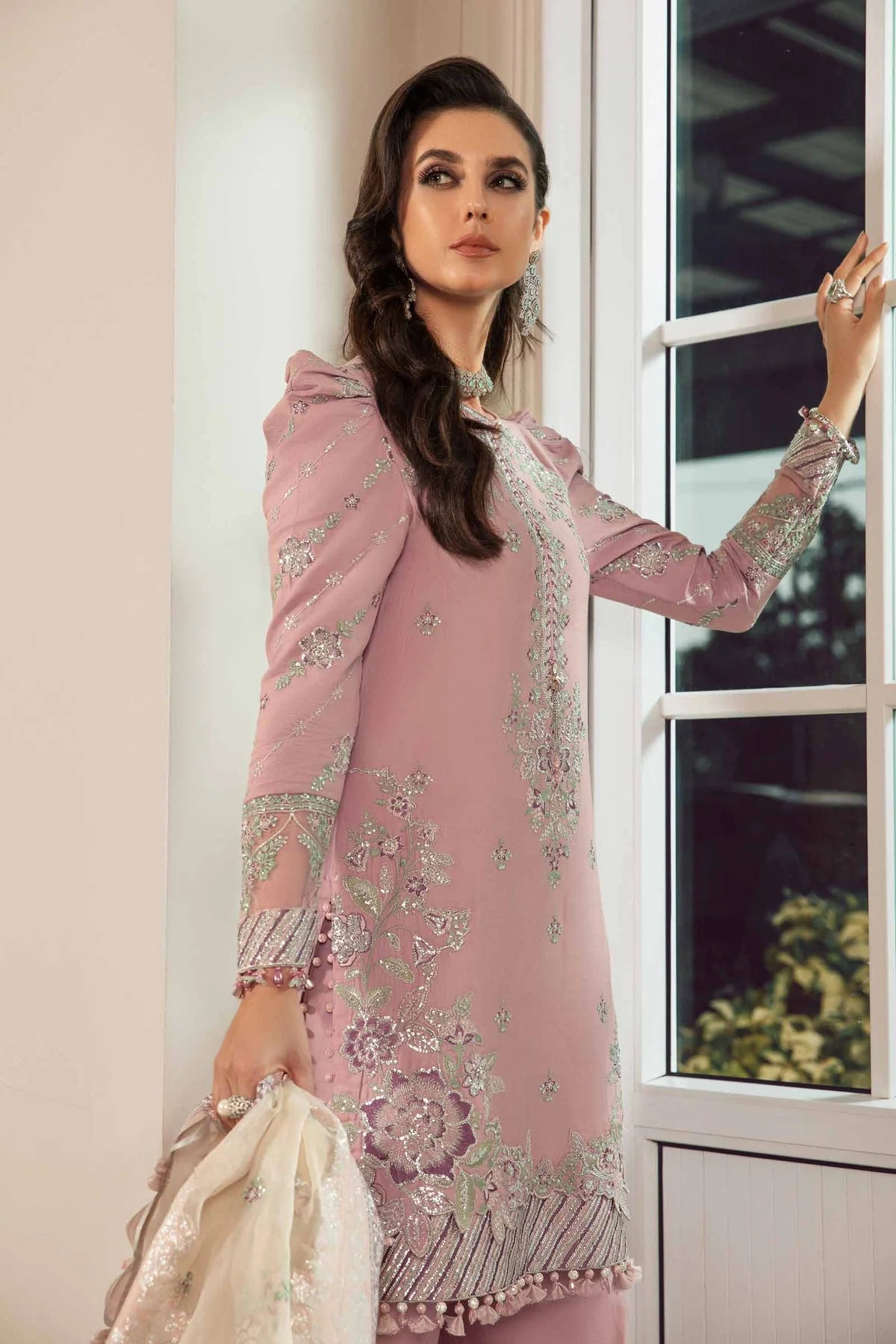 Sateen By Maria B Unstitched 3 Piece Embroidered Cotton Suit MB23ST D-06 Mauve - Luxury Collection Brand Mafia by Zonash