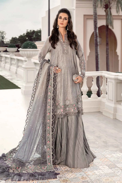 Sateen By Maria B Unstitched 3 Piece Embroidered Cotton Suit MB23ST D-07 Grey - Luxury Collection Brand Mafia by Zonash