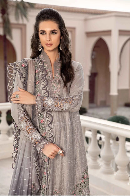 Sateen By Maria B Unstitched 3 Piece Embroidered Cotton Suit MB23ST D-07 Grey - Luxury Collection Brand Mafia by Zonash