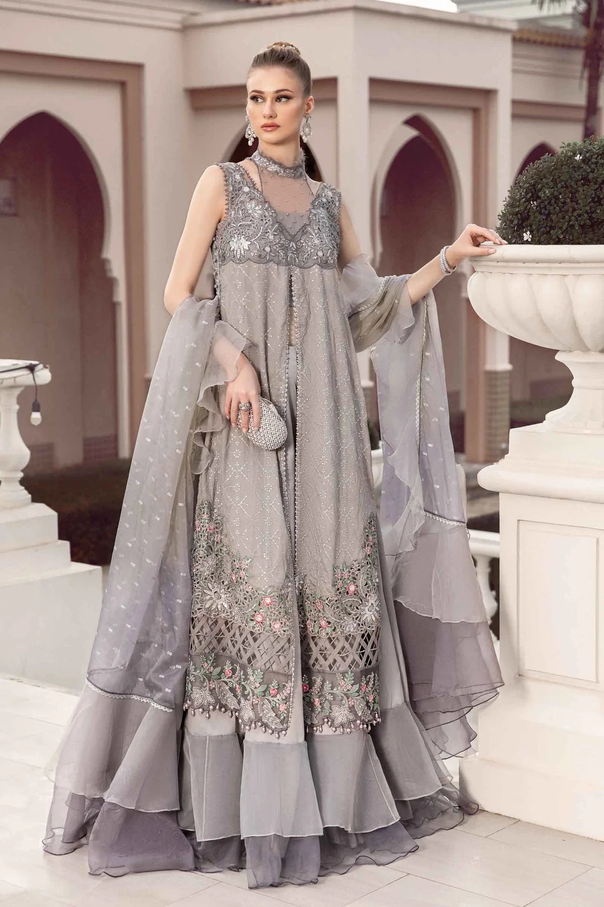 Sateen By Maria B Unstitched 3 Piece Embroidered Cotton Suit MB23ST D-07 Grey - Luxury Collection Brand Mafia by Zonash