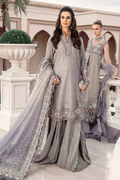 Sateen By Maria B Unstitched 3 Piece Embroidered Cotton Suit MB23ST D-07 Grey - Luxury Collection Brand Mafia by Zonash