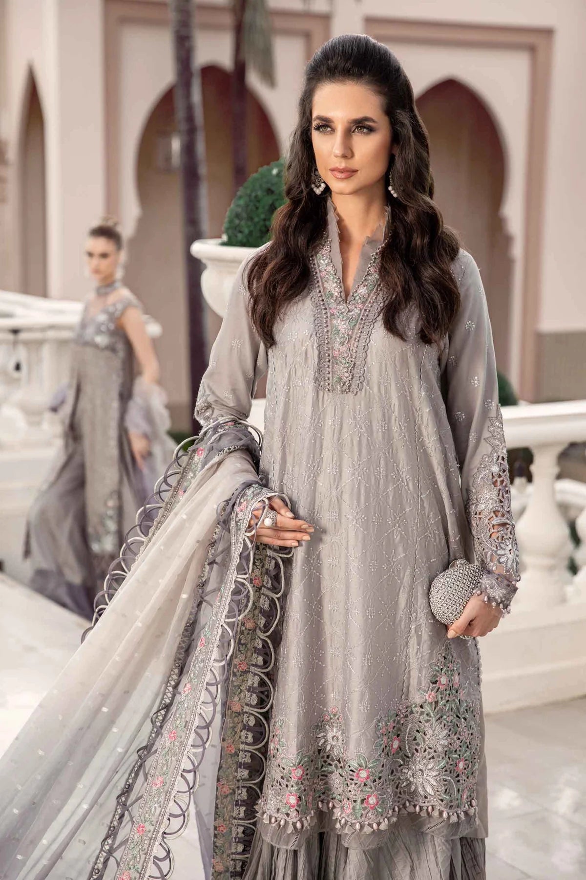 Sateen By Maria B Unstitched 3 Piece Embroidered Cotton Suit MB23ST D-07 Grey - Luxury Collection Brand Mafia by Zonash