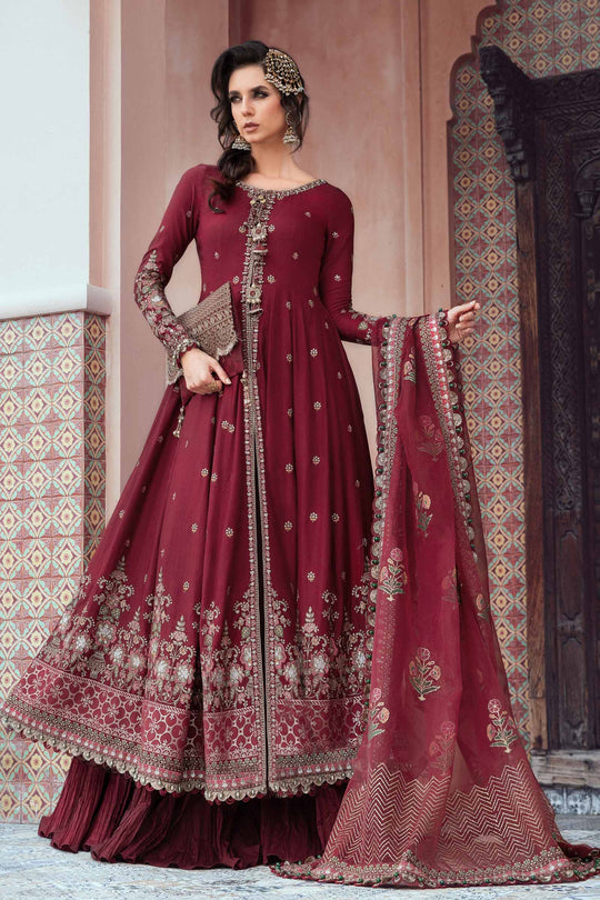 Sateen By Maria B Unstitched 3 Piece Embroidered Cotton Suit MB23ST D-08 Maroon - Luxury Collection Brand Mafia by Zonash