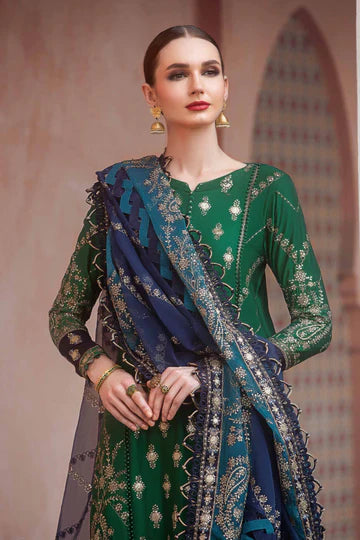 Sateen By Maria B Unstitched 3 Piece Embroidered Cotton Suit MB23ST D-11 Emerald Green - Luxury Collection Brand Mafia by Zonash