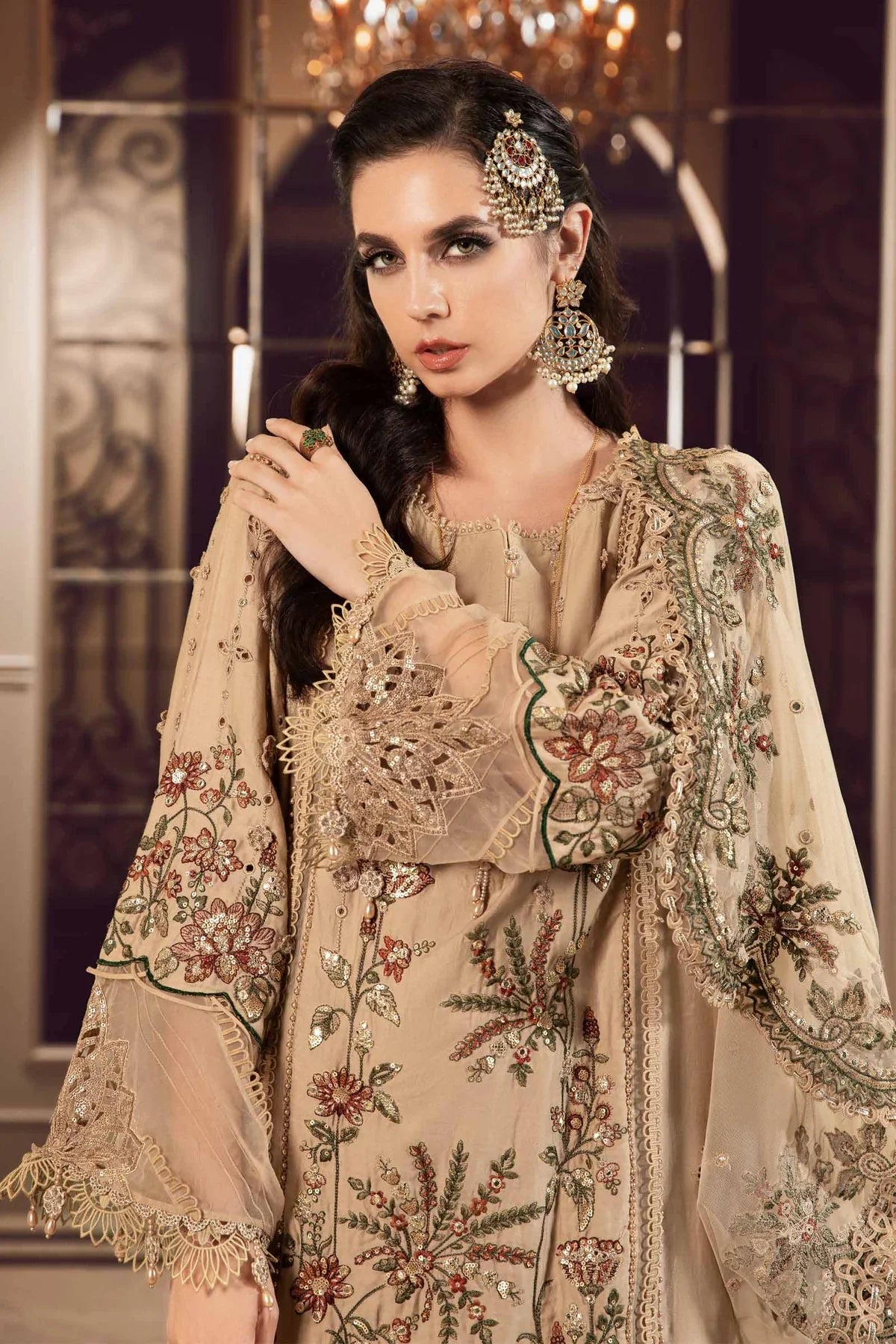 Sateen By Maria B Unstitched 3 Piece Embroidered Cotton Suit MB23ST D-12 Beige - Luxury Collection Brand Mafia by Zonash