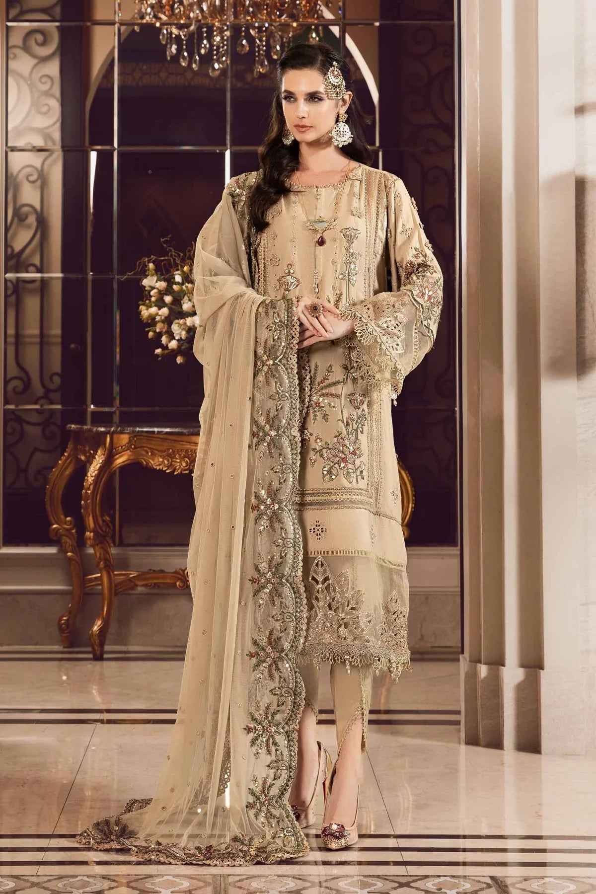 Sateen By Maria B Unstitched 3 Piece Embroidered Cotton Suit MB23ST D-12 Beige - Luxury Collection Brand Mafia by Zonash