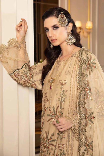 Sateen By Maria B Unstitched 3 Piece Embroidered Cotton Suit MB23ST D-12 Beige - Luxury Collection Brand Mafia by Zonash