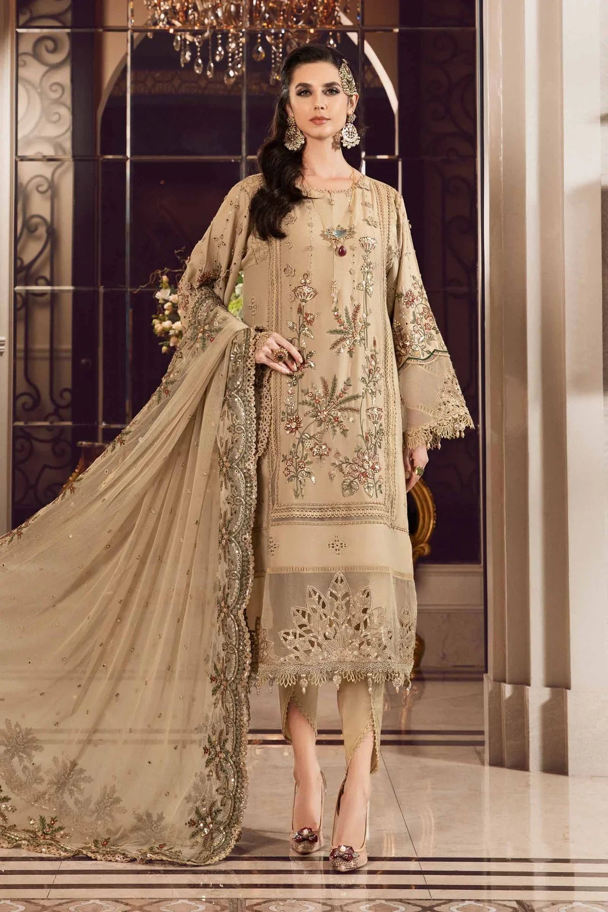 Sateen By Maria B Unstitched 3 Piece Embroidered Cotton Suit MB23ST D-12 Beige - Luxury Collection Brand Mafia by Zonash