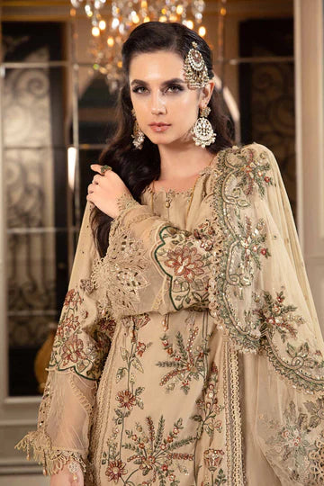 Sateen By Maria B Unstitched 3 Piece Embroidered Cotton Suit MB23ST D-12 Beige - Luxury Collection Brand Mafia by Zonash