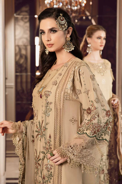 Sateen By Maria B Unstitched 3 Piece Embroidered Cotton Suit MB23ST D-12 Beige - Luxury Collection Brand Mafia by Zonash