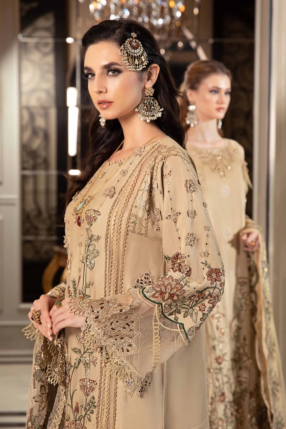 Sateen By Maria B Unstitched 3 Piece Embroidered Cotton Suit MB23ST D-12 Beige - Luxury Collection Brand Mafia by Zonash