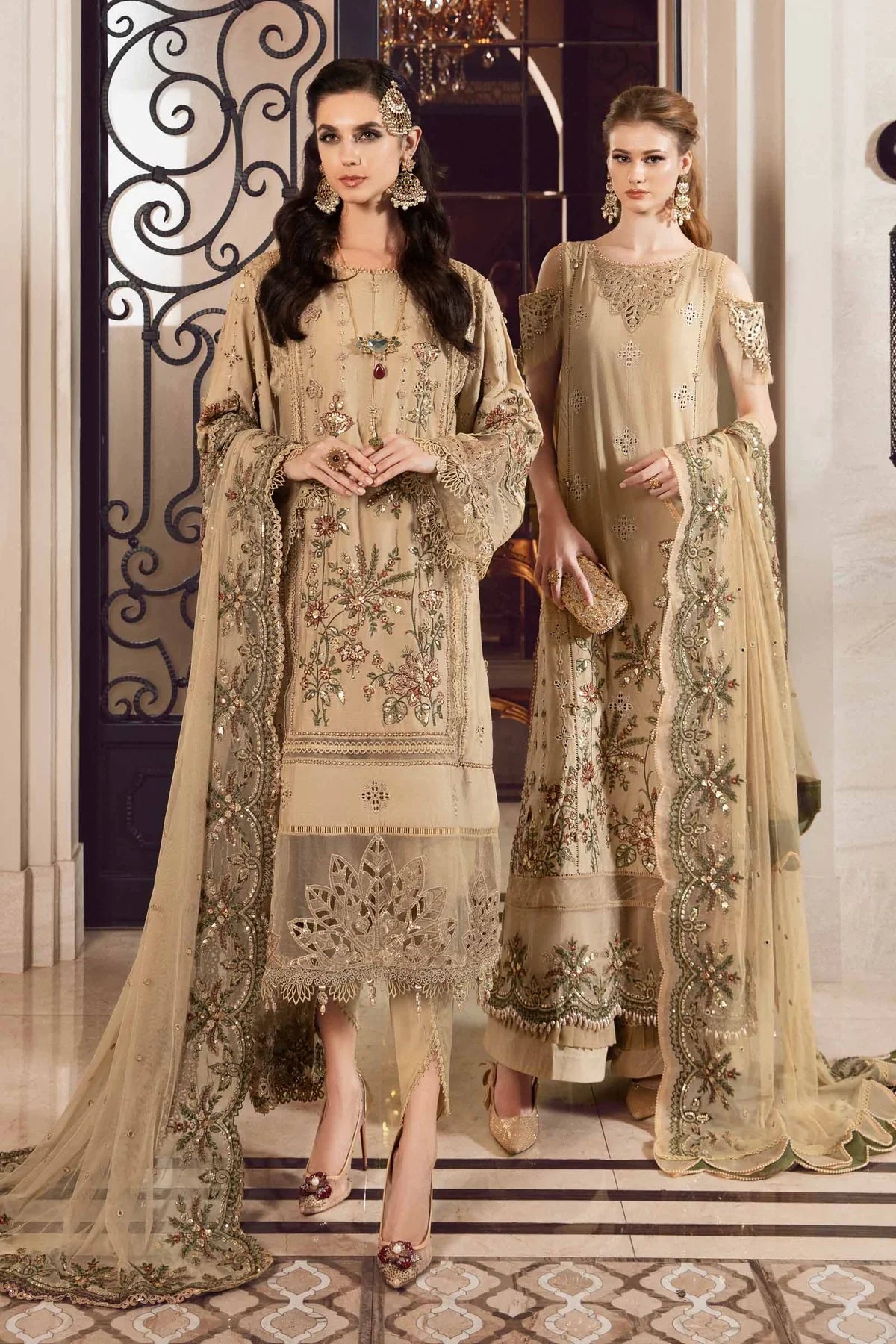 Sateen By Maria B Unstitched 3 Piece Embroidered Cotton Suit MB23ST D-12 Beige - Luxury Collection Brand Mafia by Zonash