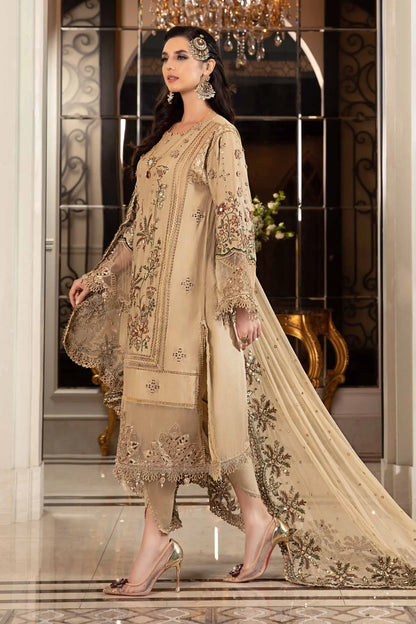 Sateen By Maria B Unstitched 3 Piece Embroidered Cotton Suit MB23ST D-12 Beige - Luxury Collection Brand Mafia by Zonash