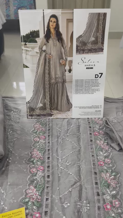 Sateen By Maria B Unstitched 3 Piece Embroidered Cotton Suit MB23ST D-07 Grey - Luxury Collection