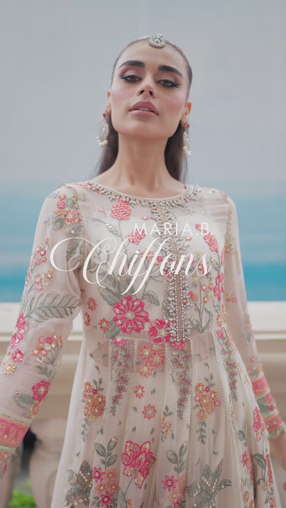 Maria B Unstitched 4 Piece Embroidered Chiffon Suit MB23SC D6 Cloud White Floral - Luxury Collection