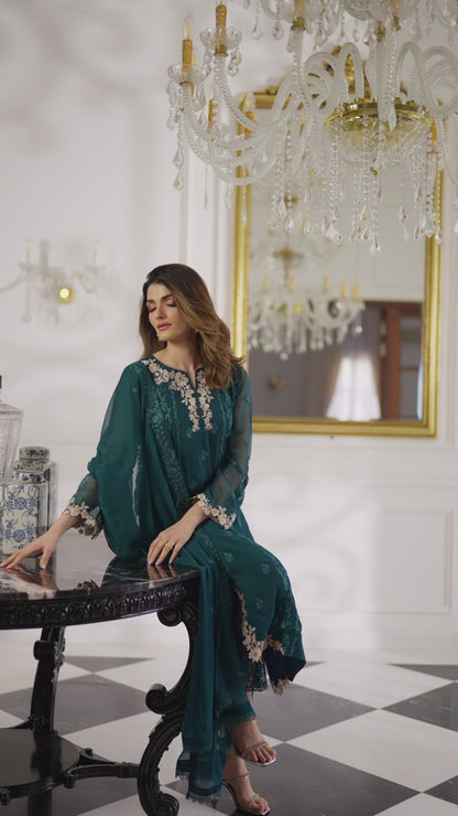 Ensembles By Azure Unstitched 3 Piece Embroidered Chiffon Suit AZU23ESE3 Sea-Weed - Festive Collection