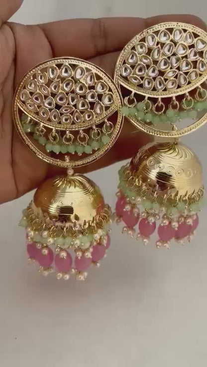 Latest Kundan Jhumkis With Beautiful Powder Color Beads E-25