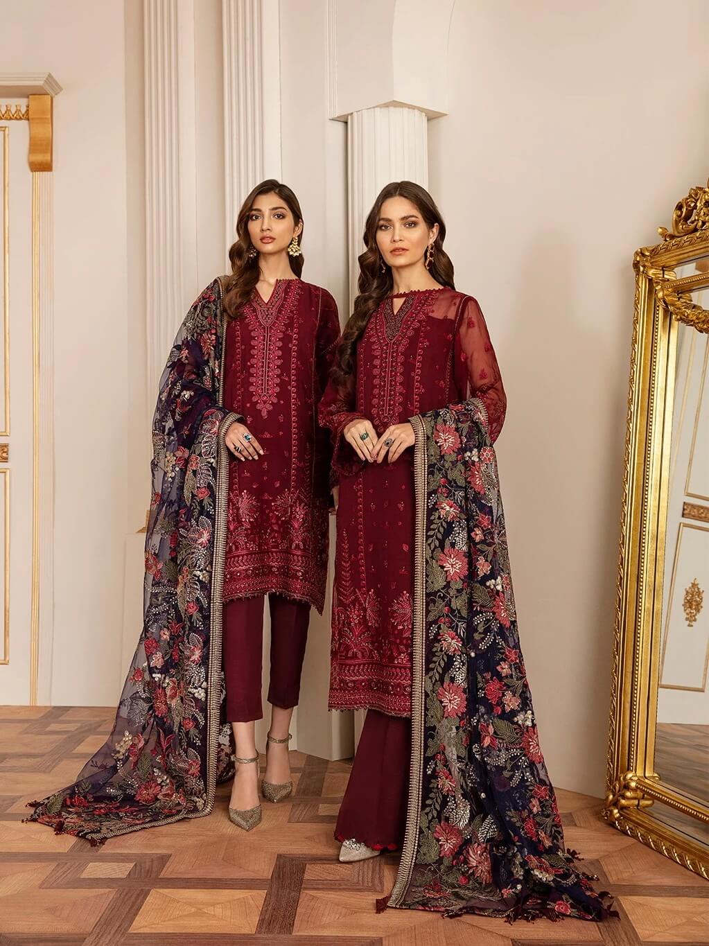 Baroque Chantelle Embroidered Chiffon 2020 3 Piece Suit D-06 Fire Stone Brand Mafia by Zonash