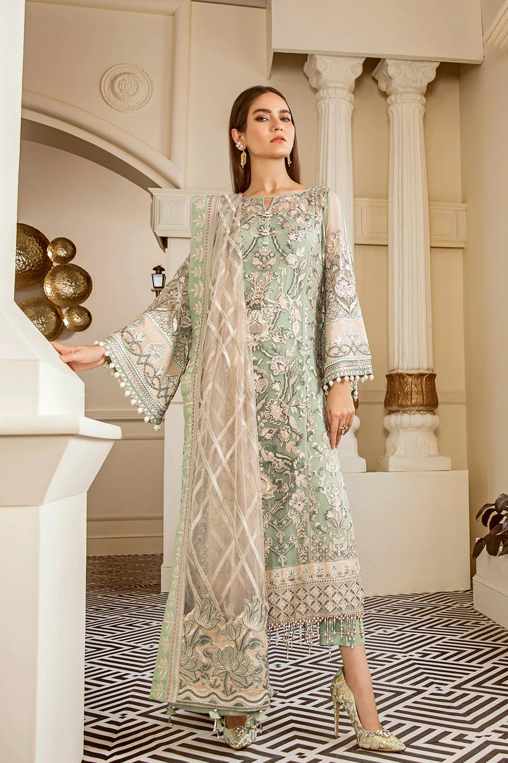 Baroque Chantelle Embroidered Chiffon 3 Piece Suit BQ19-05 Mint Tea Brand Mafia by Zonash