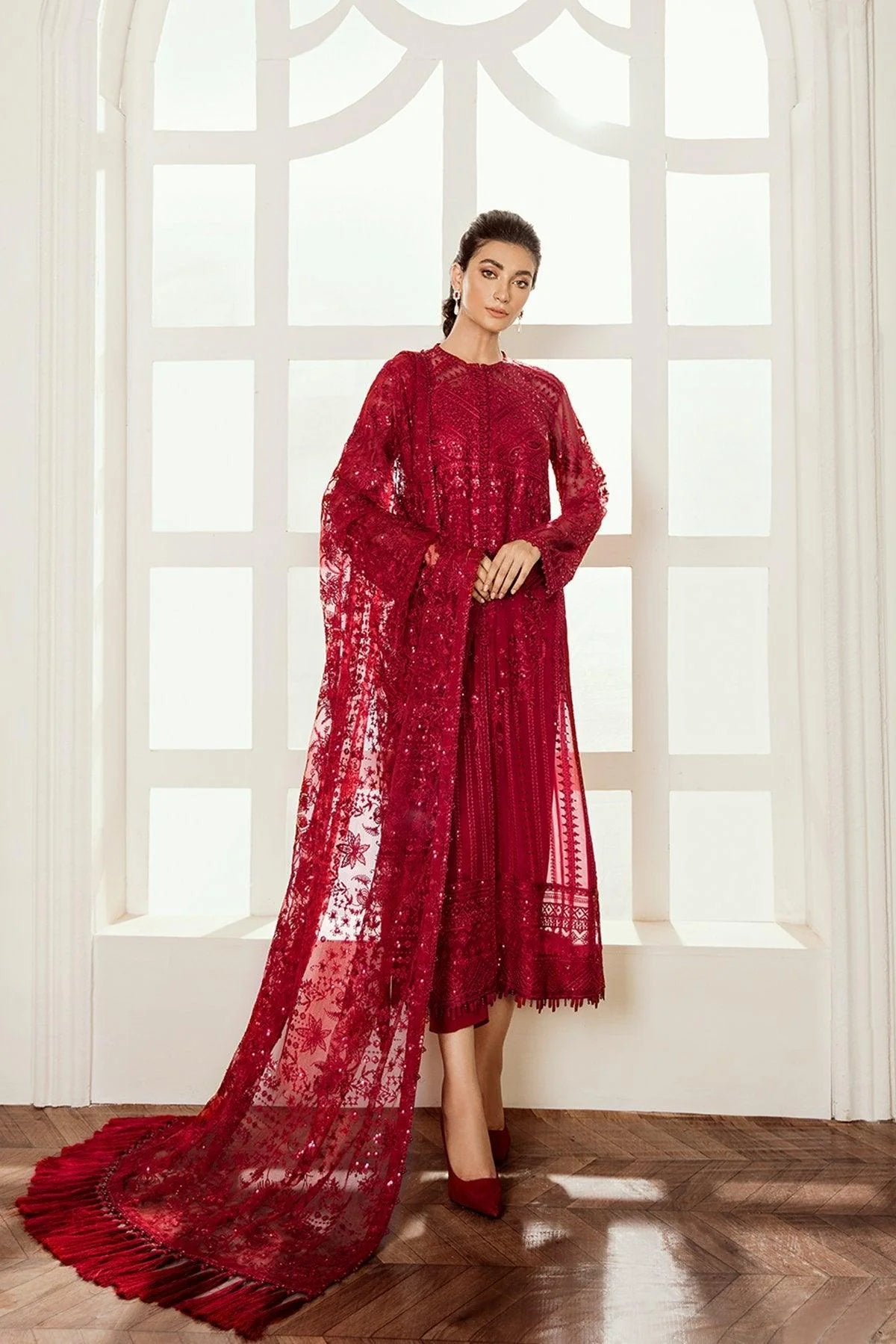 Baroque Luxury Embroidered Chiffon 3 Piece Suit - RED VELVET Brand Mafia by Zonash