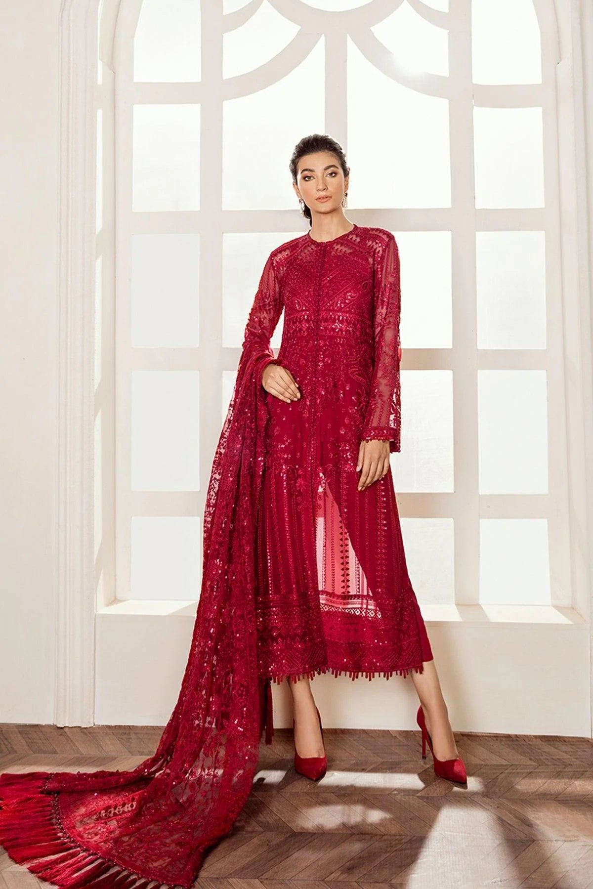 Baroque Luxury Embroidered Chiffon 3 Piece Suit - RED VELVET Brand Mafia by Zonash