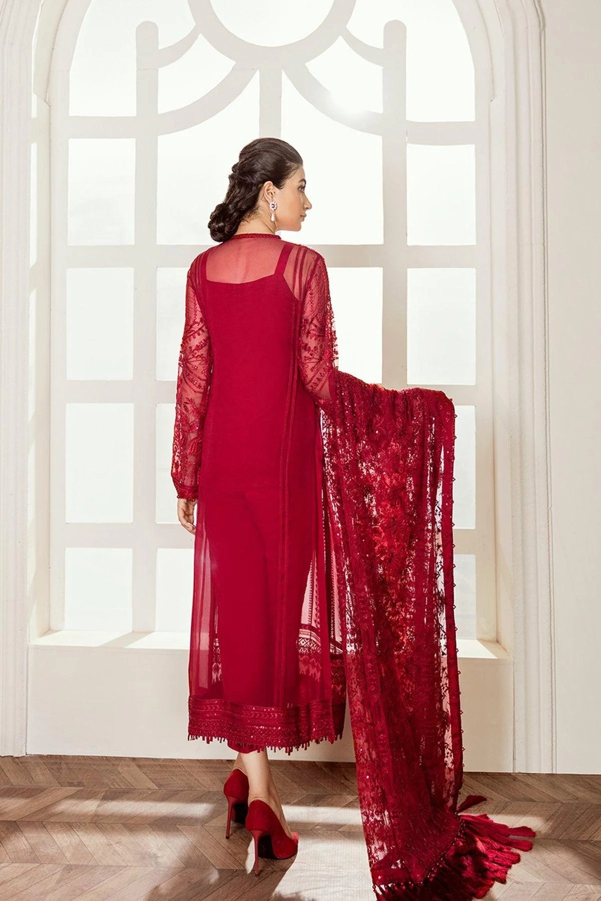 Baroque Luxury Embroidered Chiffon 3 Piece Suit - RED VELVET Brand Mafia by Zonash