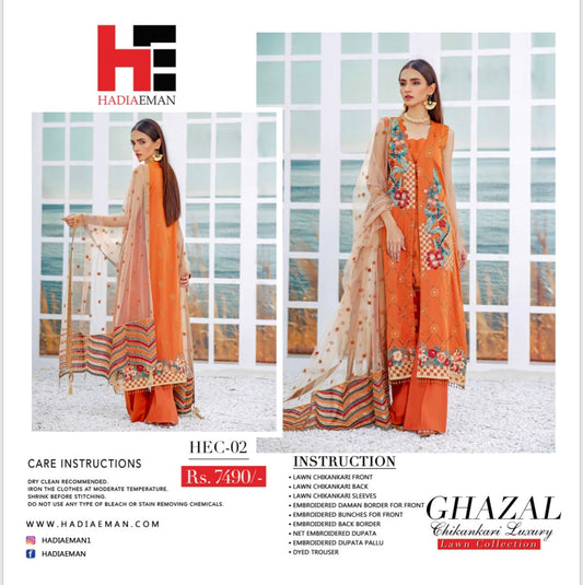 Ghazal By Hadia Eman Embroidered Lawn Chikankari Suits Unstitched 3 Piece - 02 Brand Mafia by Zonash