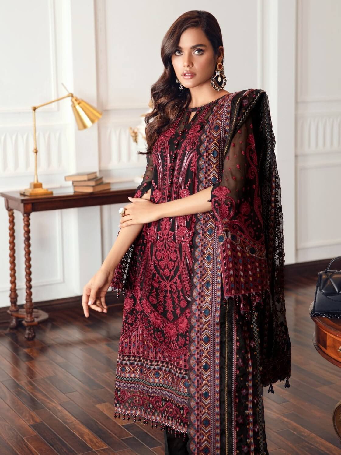 Jazmin Chiffon Unstitched 3 Piece Embroidered Suit – Black Rococo Brand Mafia by Zonash