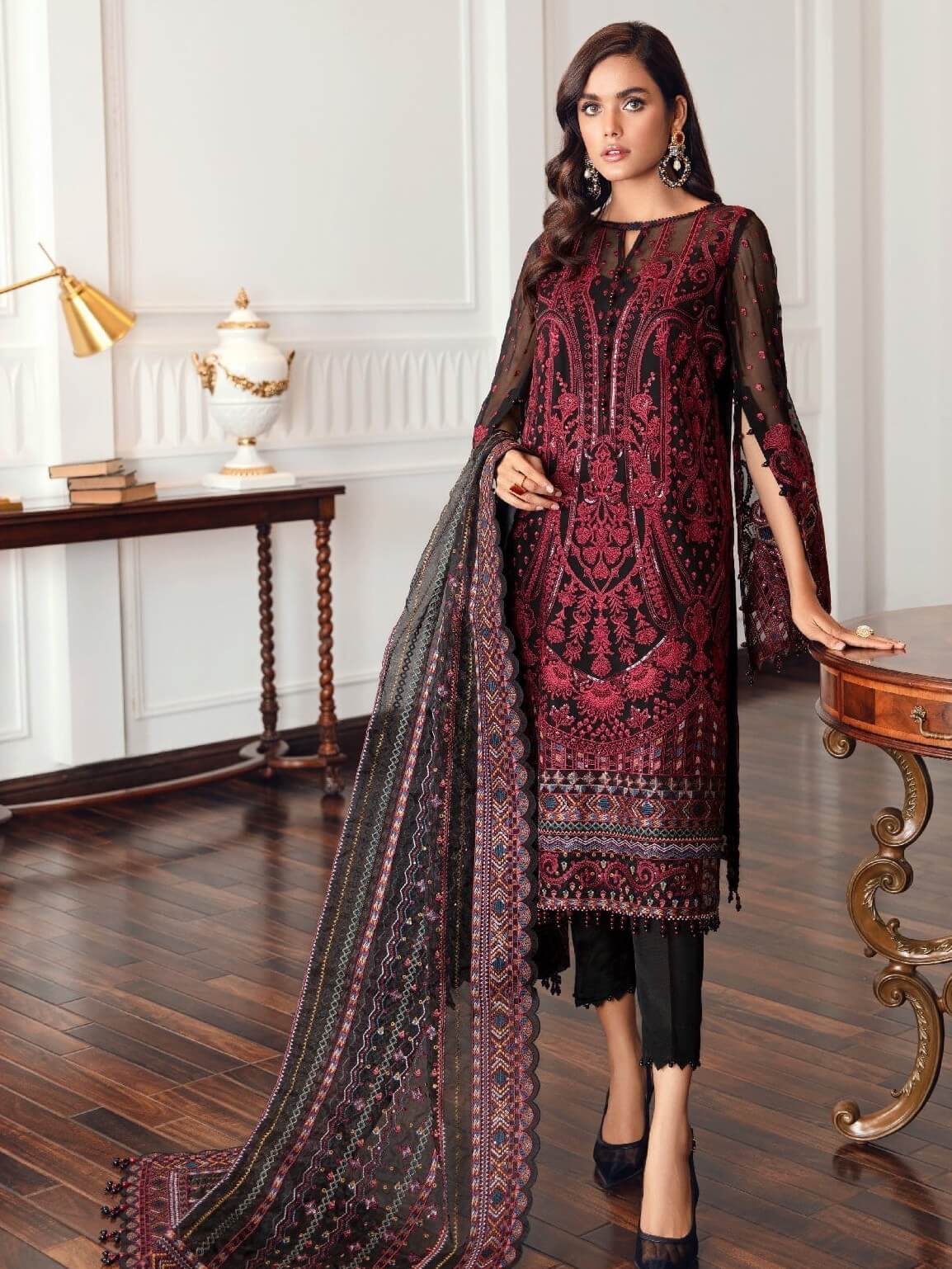 Jazmin Chiffon Unstitched 3 Piece Embroidered Suit – Black Rococo Brand Mafia by Zonash