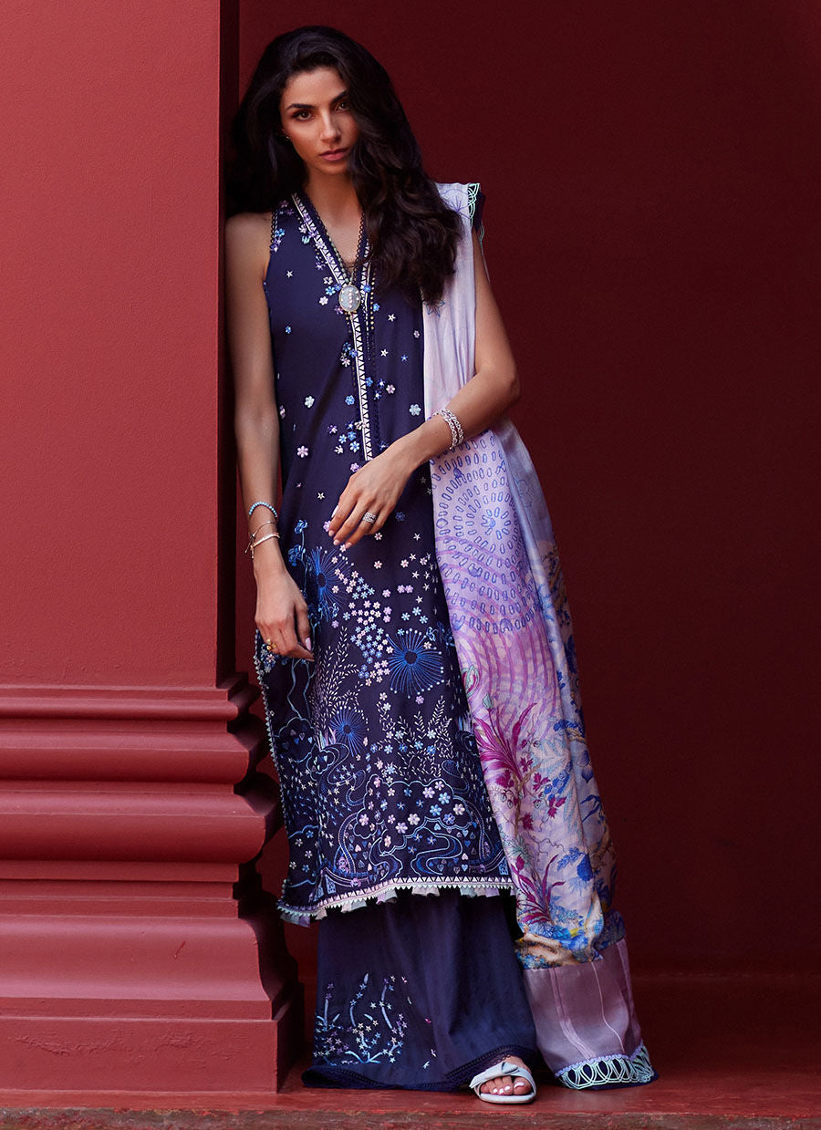 Suay by Farah Talib Aziz Unstitched 3 Piece Embroidered Lawn Suit FTA24LU FTA 04 IZEA BLUE - Luxury Collection Brand Mafia by Zonash