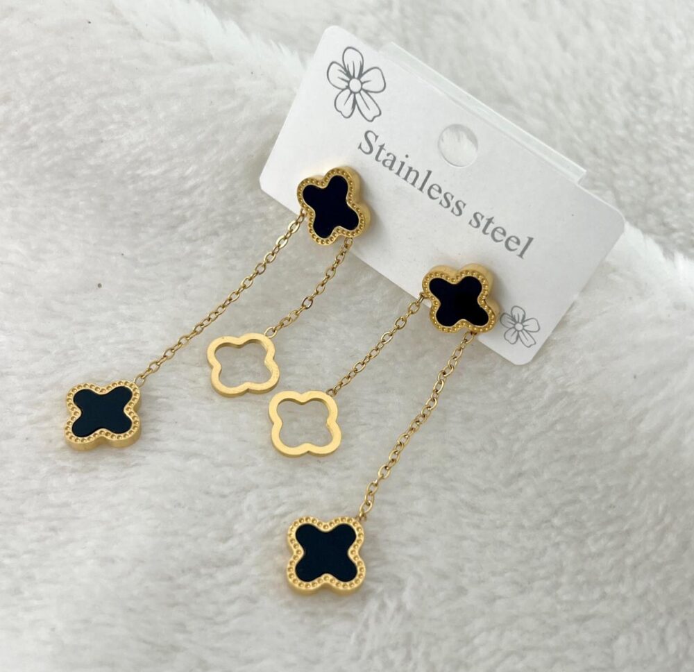 Elegant Clover Drop Earrings | Dual Tone Dangle Design (Black & White Options) - Image 2