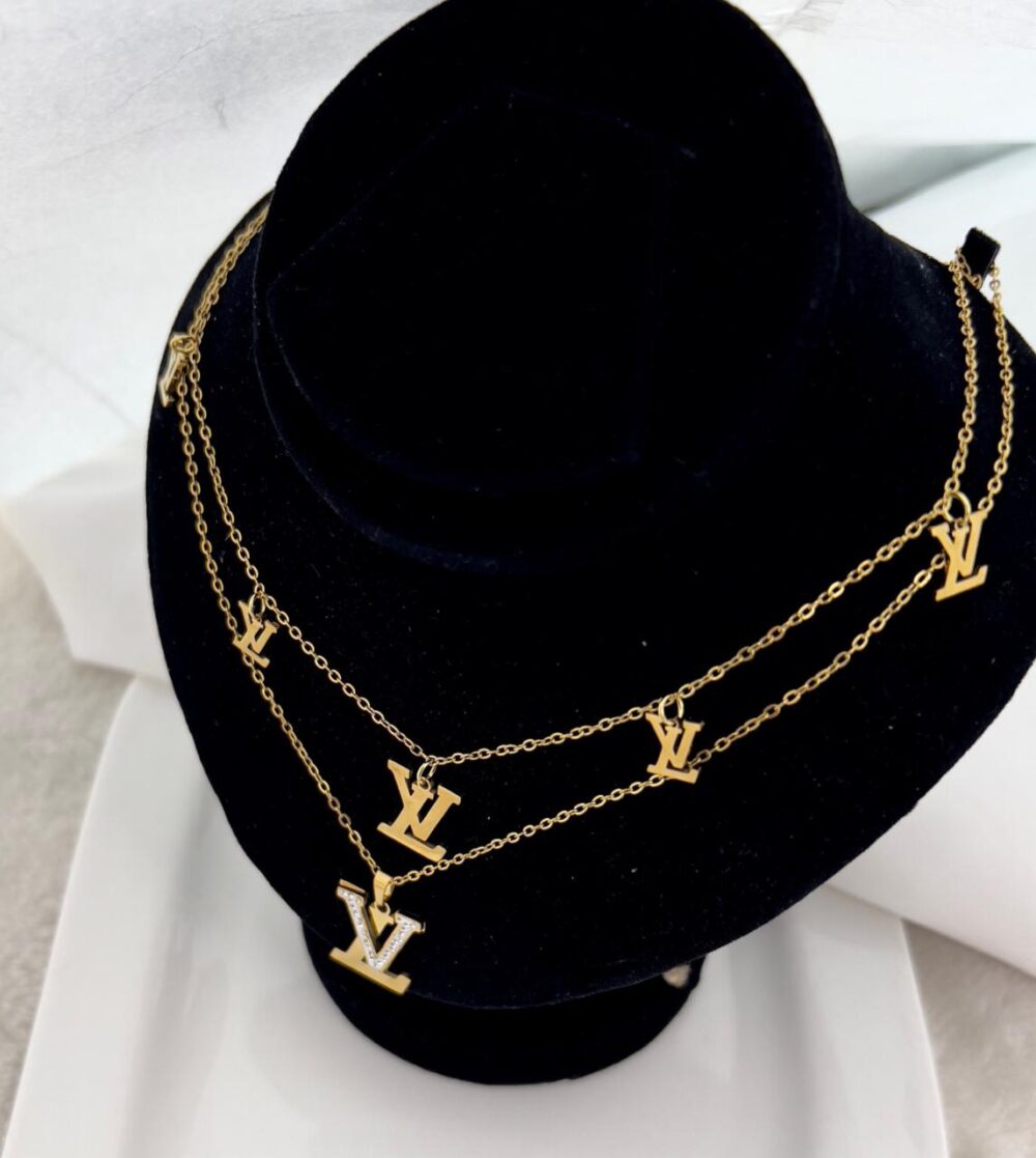 Luxury LV-Inspired Layered Gold Necklace for Women – Elegant Double Chain with Signature Charms
