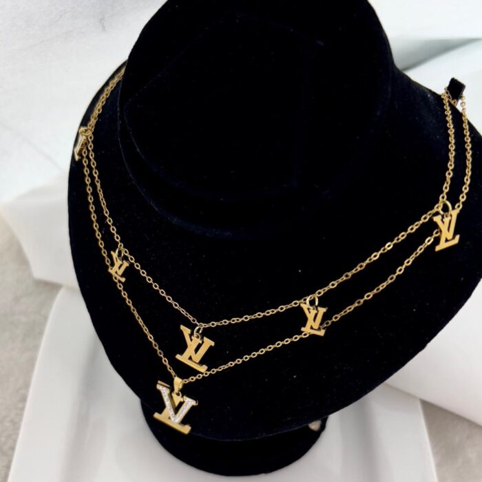 Luxury LV-Inspired Layered Gold Necklace for Women – Elegant Double Chain with Signature Charms