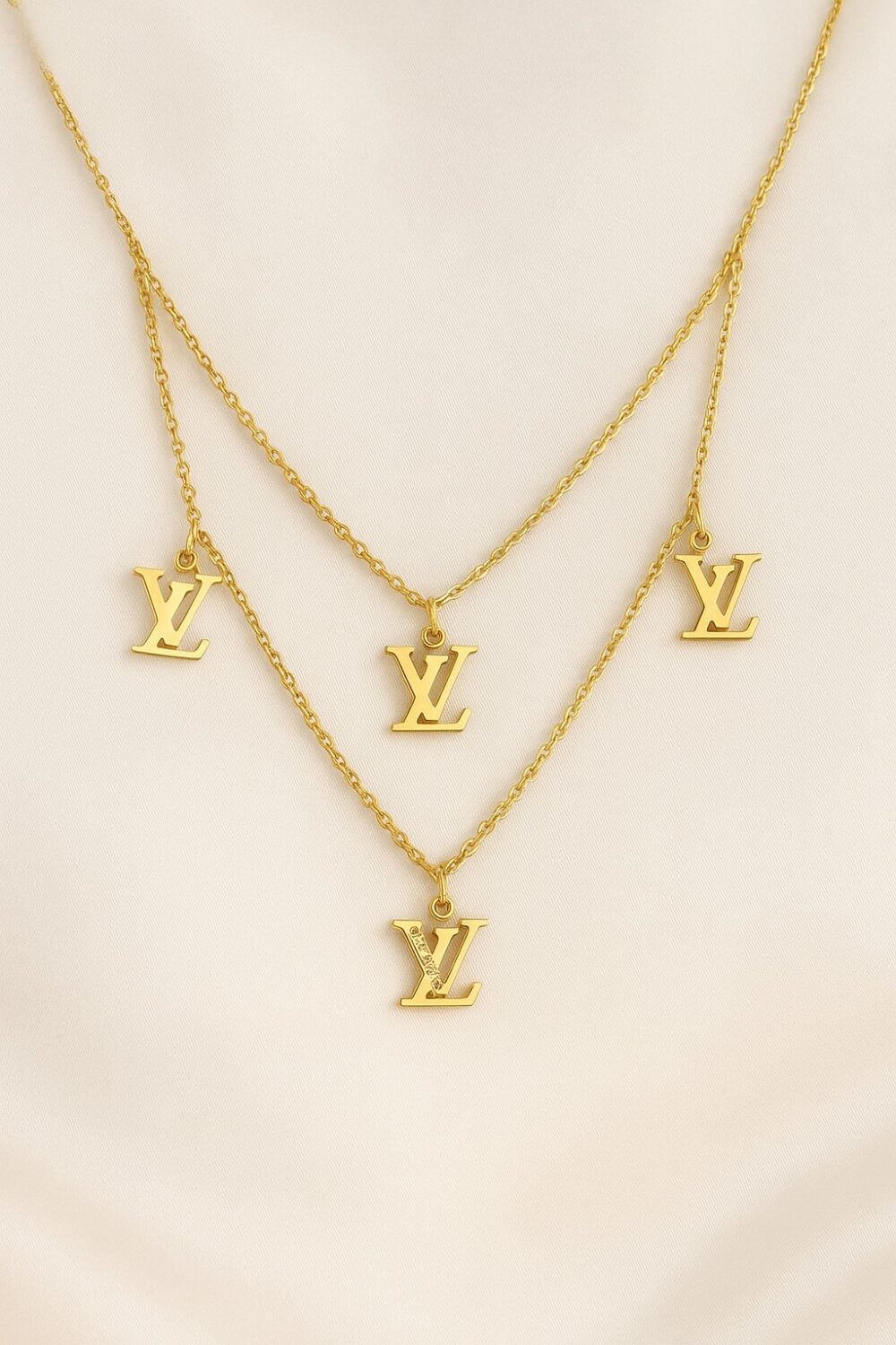 Luxury LV-Inspired Layered Gold Necklace for Women – Elegant Double Chain with Signature Charms - Image 2